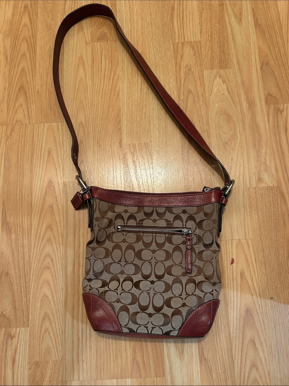 Coach Brown Signature Canvas Crossbody with Red Leather Trim